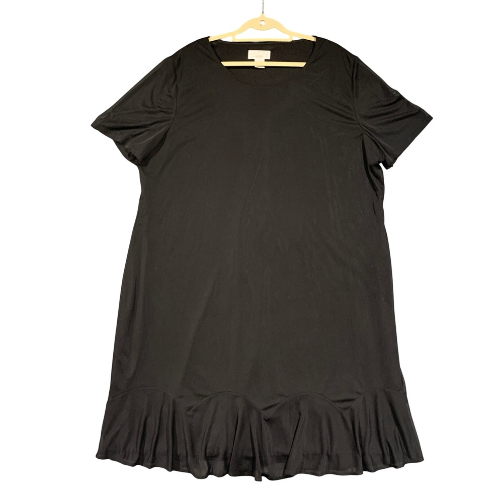 Studio C Plus Shift Dress Women 26W Black Ruffle Flounce Hem Short Sleeve